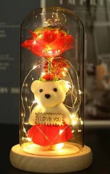 Кришталева троянда в скляній колбі Rose of Love з LED підсвічуванням та ведмедиком від батарейок Dt