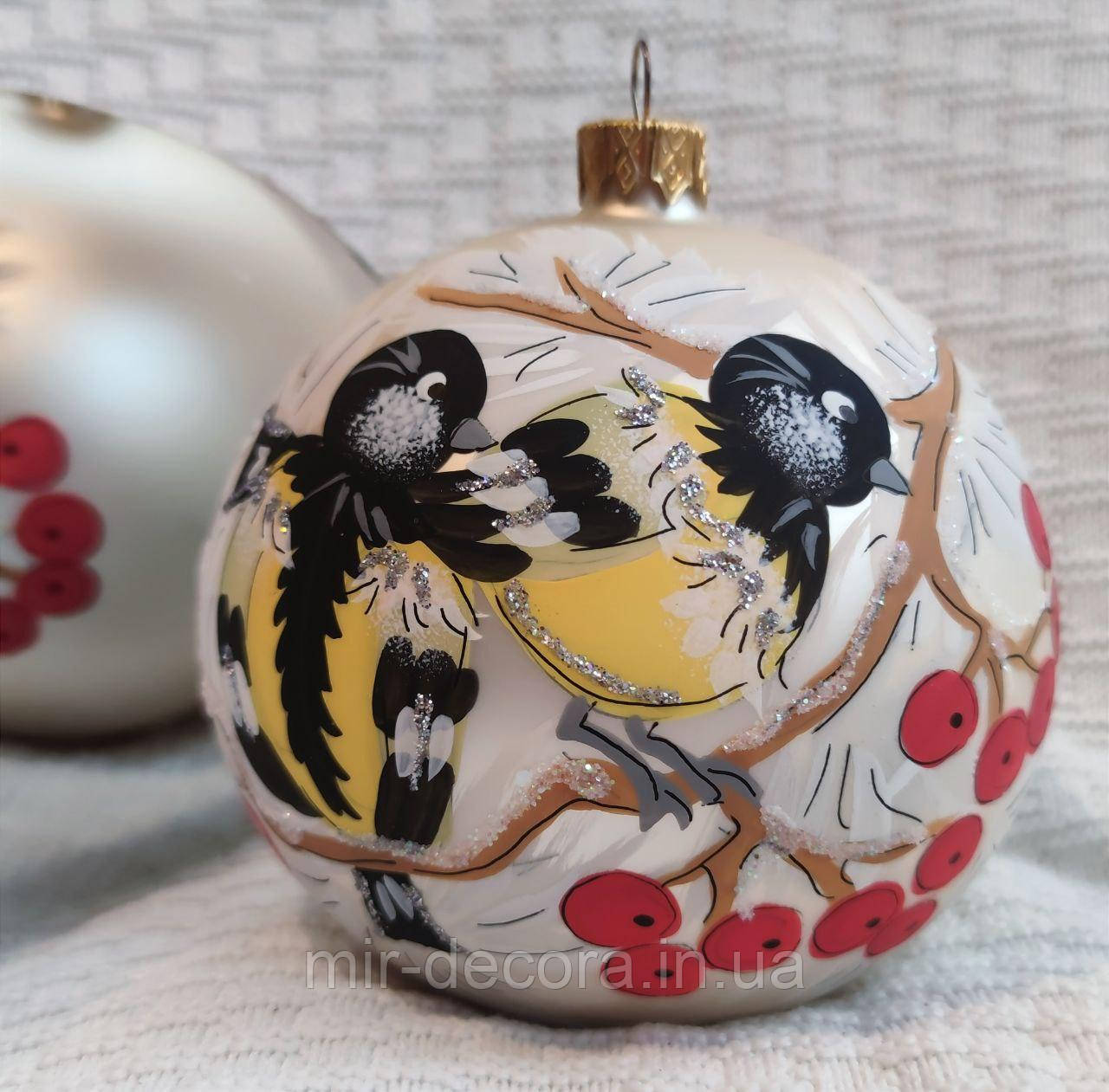 Новорічна куля, подарунок 100 мм "Синички на горобині", фото 1