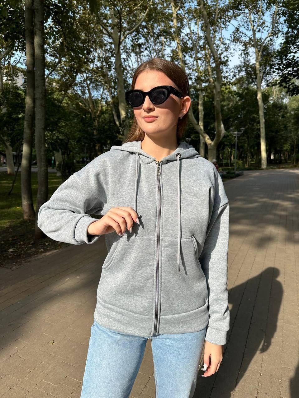 Жіноча тепла з начосом молодіжна кофта толстовка на блискавці з капюшоном, фото 1