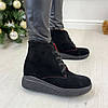 Замшеві жіночі черевики на танкетці. Колір чорний, фото 3
