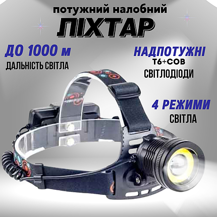 Потужний налобний ліхтар світлодіодний акумуляторний водонепроникний XQ172 ліхтарик на голову із зумом, фото 1