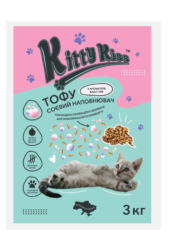 Наповнювач Кіті Кіс Kitty Kiss Тофу соєвий для котів з ароматом бабл гам, 3 кг