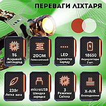Тактичний налобний ліхтар потужний світлодіодний ліхтарик на голову акумуляторний CH108 заряджання від мережі та авто, фото 3