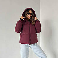 Куртка зимова жіноча коротка з капюшоном бургунді 44-50р