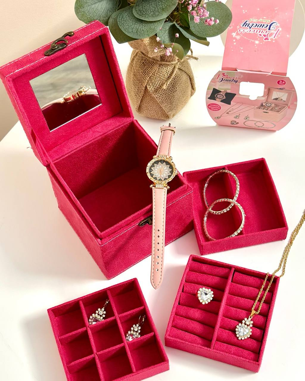 Дитячий набір прикрас 769-26 зеркальце, прикраси, годинники, у валізі Малиновий, фото 1