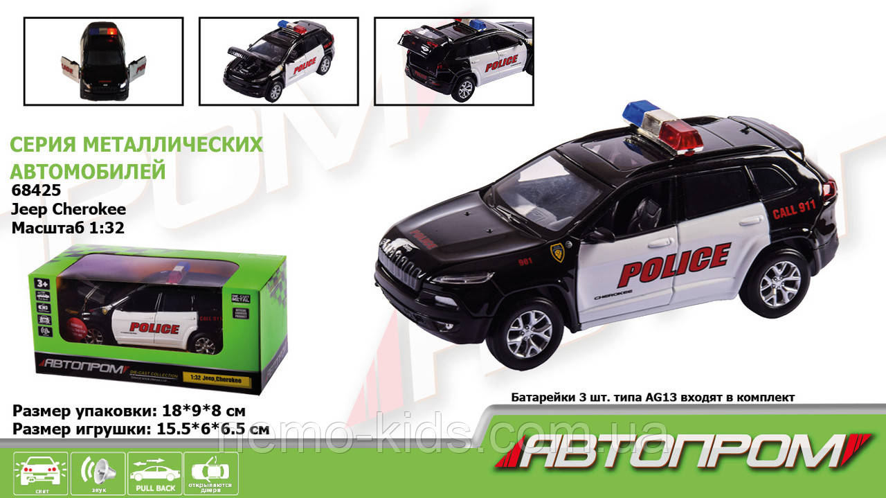 Машина-мін., "АВТОПРІМ", 1:32 Jeep Cherokee-Police, бат., світло, звук, відкр.двері, в кор. 18*9*8 см (48 шт./2)