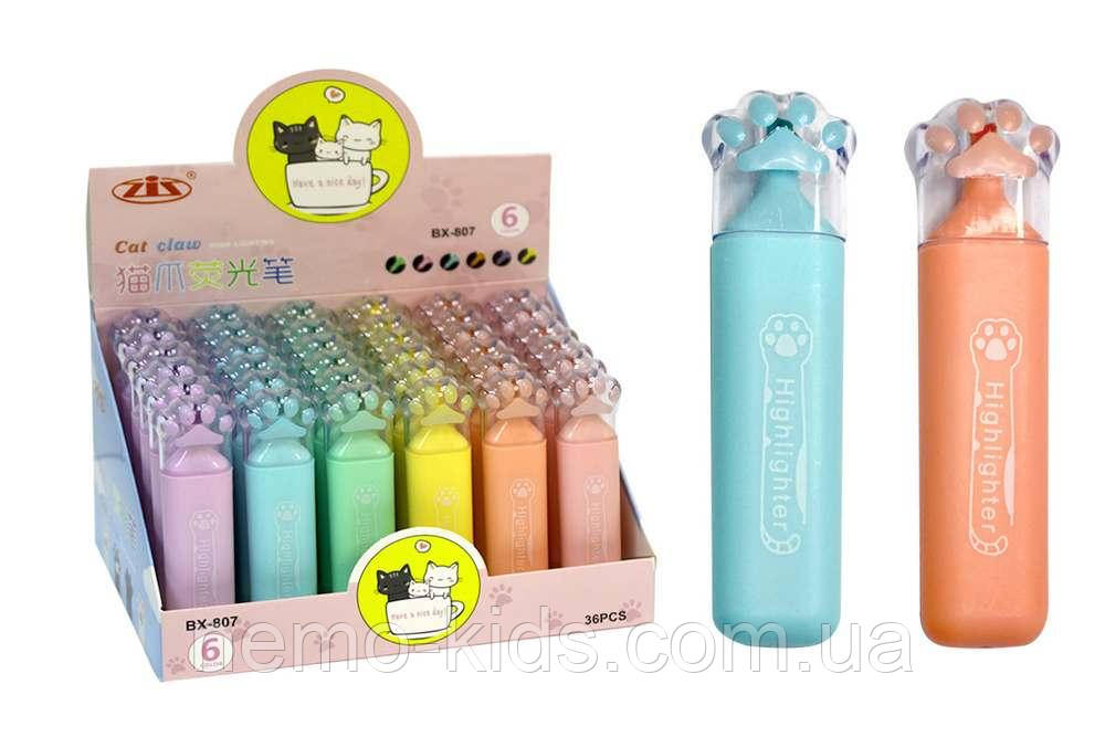 Маркер-текстовиділювач пастельний Лапка котика, ЦІНА ЗА 1ШТ, в дисплеї, (36шт/уп), 11*2,5см, фото 1