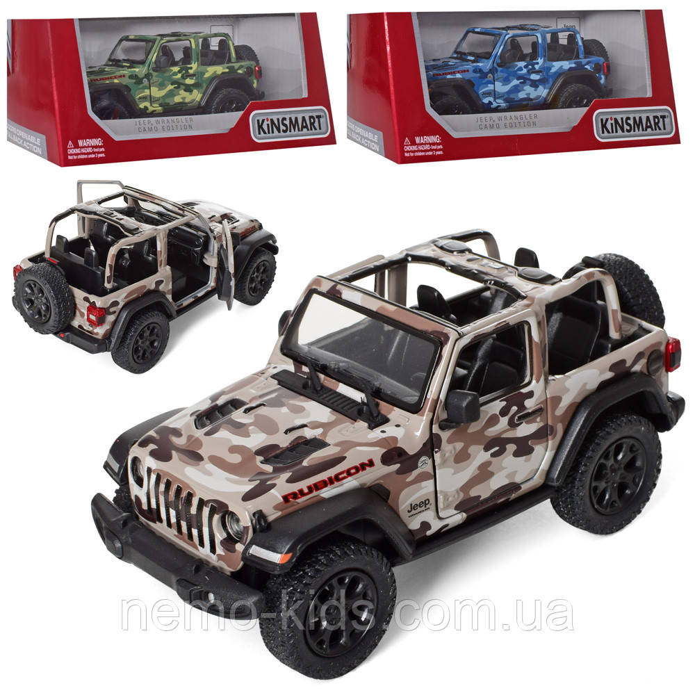 Машина джип 5 Jeep Wrangler Military "Kinsmart" метал, інерц., відкр. дв., 3 кольори, в кор. 16*7*8см (96шт)