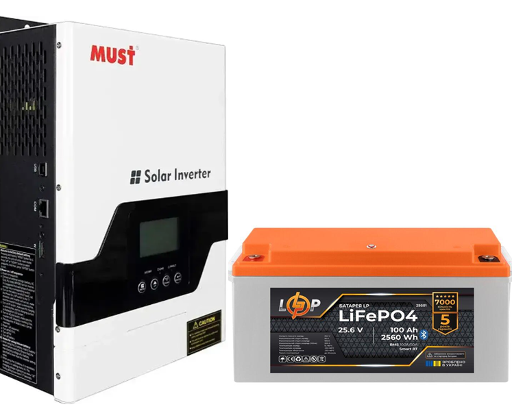 Гібридний інвертор MUST PV18-3224VPM, 3200W, 24V, 60A + Акумулятор LP LiFePO4 25,6V - 100 Ah