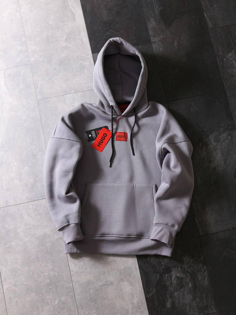 Толстовка зимова Hugo чоловіча флісова кофта худи тепла з начосом хьюго сіра, фото 1