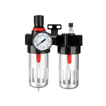 Блок підготовки повітря 1/2", 20 мкм, до 12 атм, до 1200 л/хв, металевий захист колби, регулятор тиску INTERTOOL PT-1430