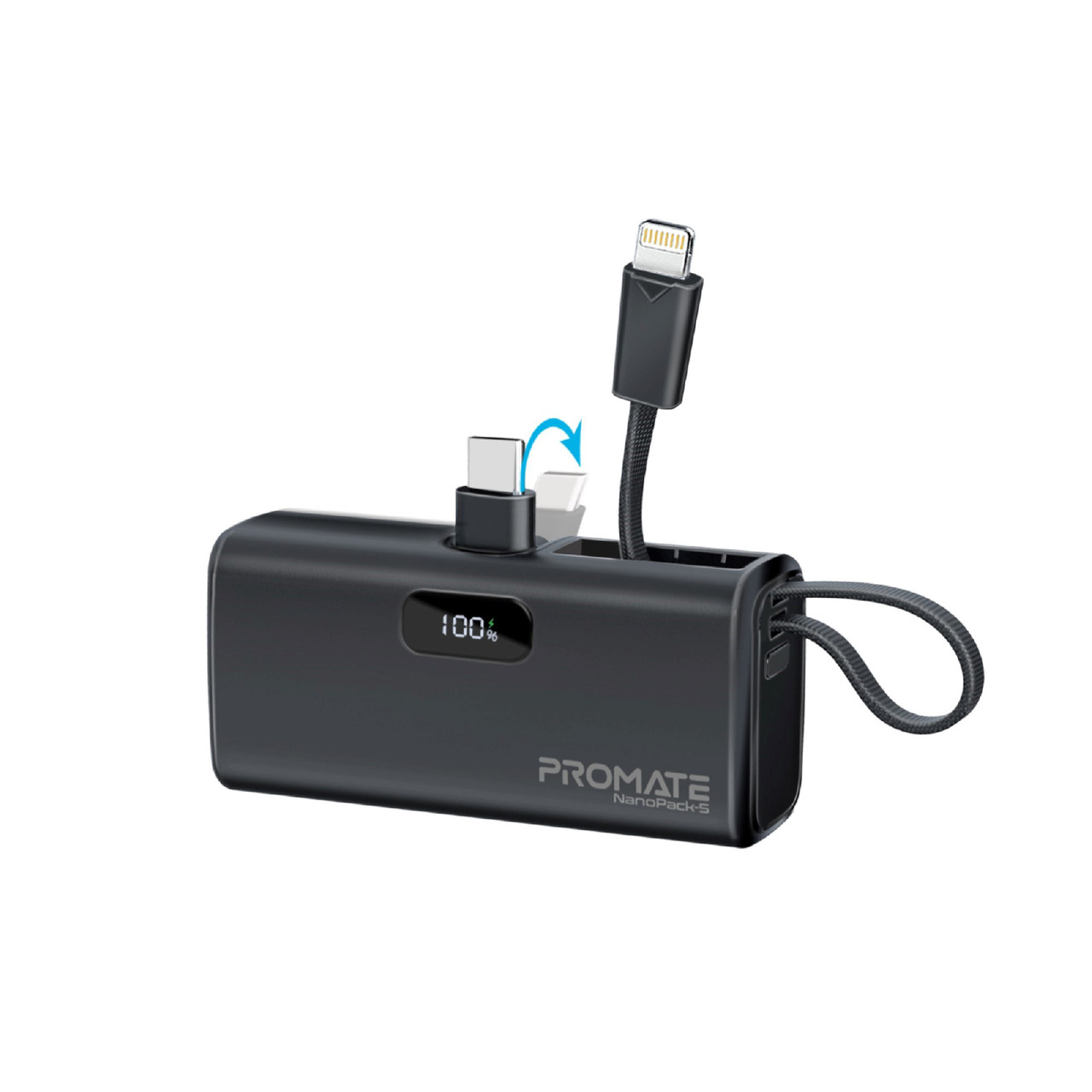 УМБ Promate Nanopack-5 5000 mAh, USB-C порт, USB-C штекер, Lightning конектор Вlack (nanopack-5.black)