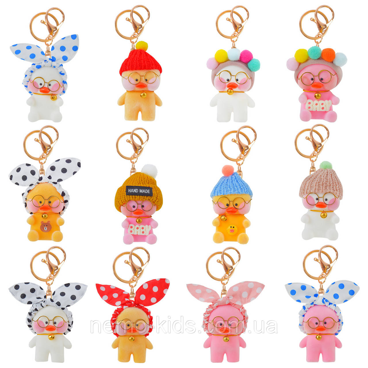 Брелок утка Lalafanfan флаксовий, 10 см з металевими окулярами, ЦЕНА ЗА 1ШТ, мікс 12 видів (400 шт.), фото 1