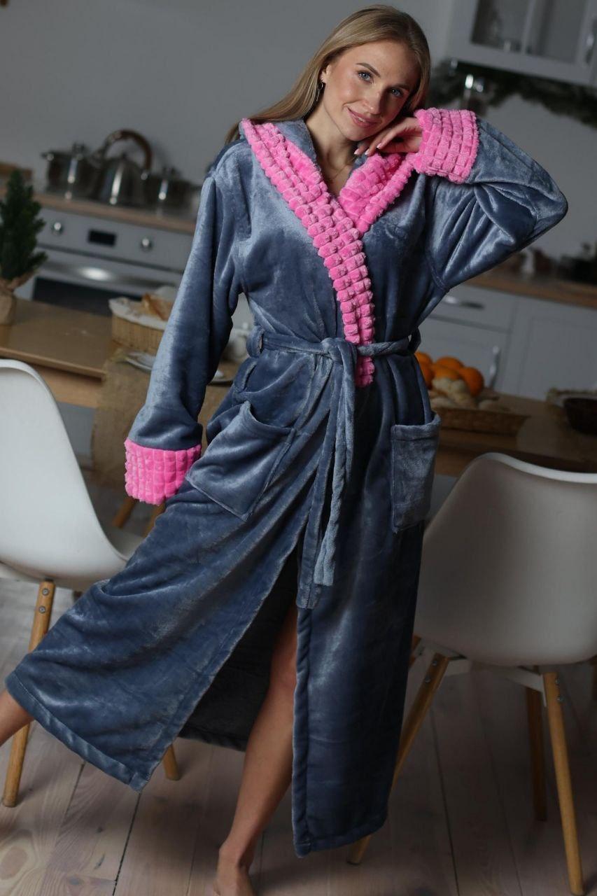 Стильний довгий жіночий халат на запах з капюшоном "Сlara" Теплий, якісний, м'який домашній жіночий халат, фото 1