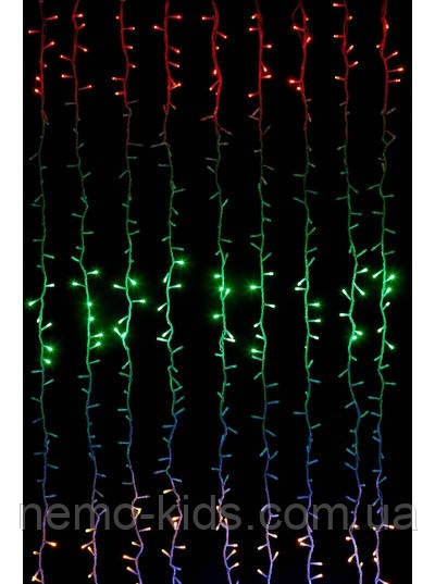 Гірлянда штора, прозорий шнур 2*2 м 200 LED мульти, перехідник, у кор. 14*7*9см