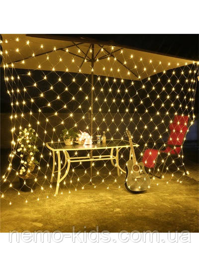Гірлянда сітка, прозорий шнур, 96 Led, 1,5*1,5м золото від мережі, у кор. 12*6*8 см, фото 1