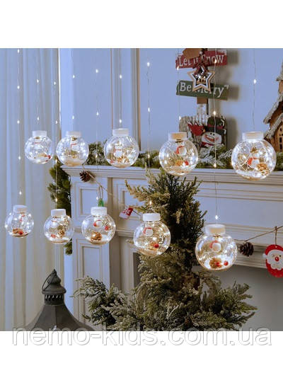 Гірлянда світлодіодна штора Кулі з наповненням, 10 шт., білий, з перехідником, від мережі, у кор. 23*16*16см, фото 1