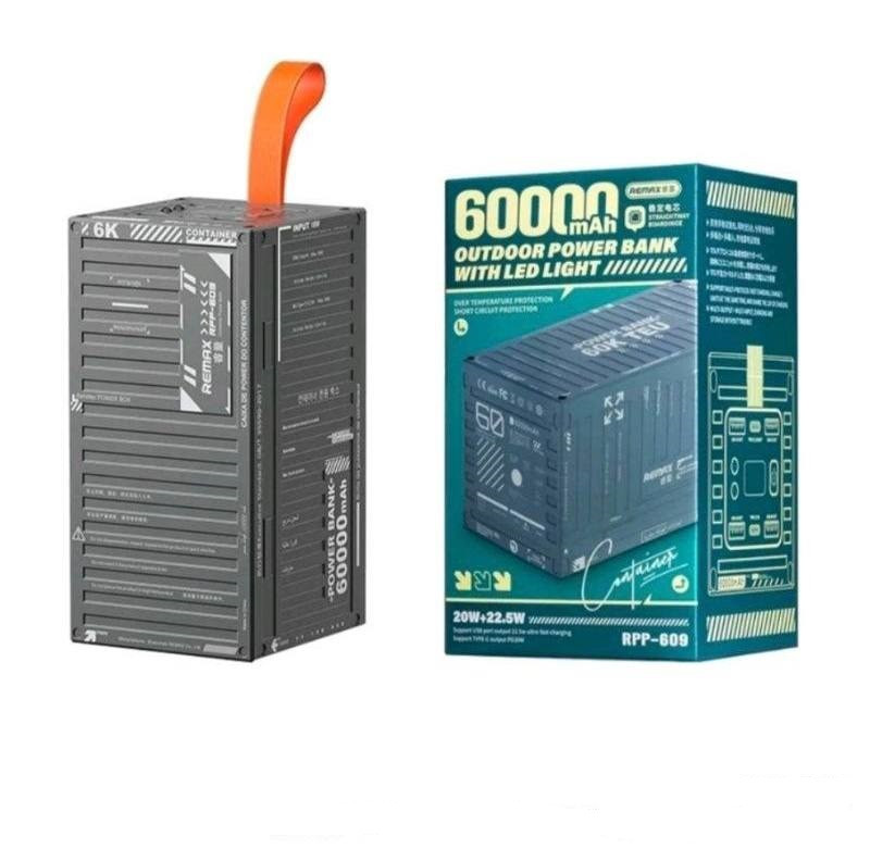 Зовнішній акумулятор Power Bank REMAX RPP-609 60000mAh PD20W+QC22.5W LED Lamp, фото 1