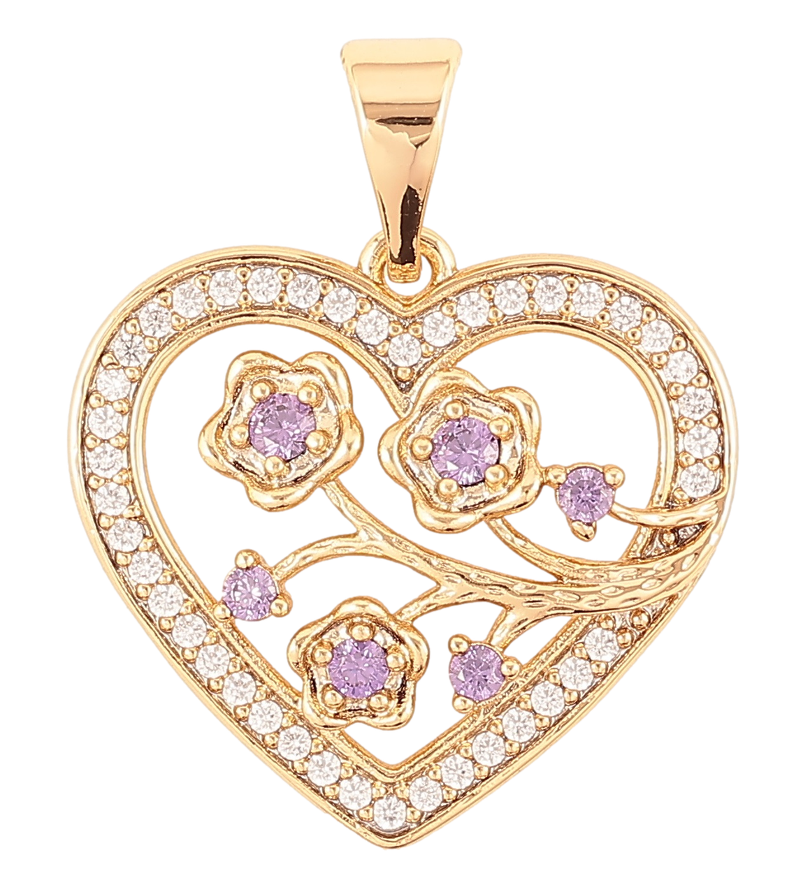 Кулон Xuping Позолота 18K «Сердечко з квітковим візерунком і біло-бузковим цирконієм» для ланцюжка до 7мм