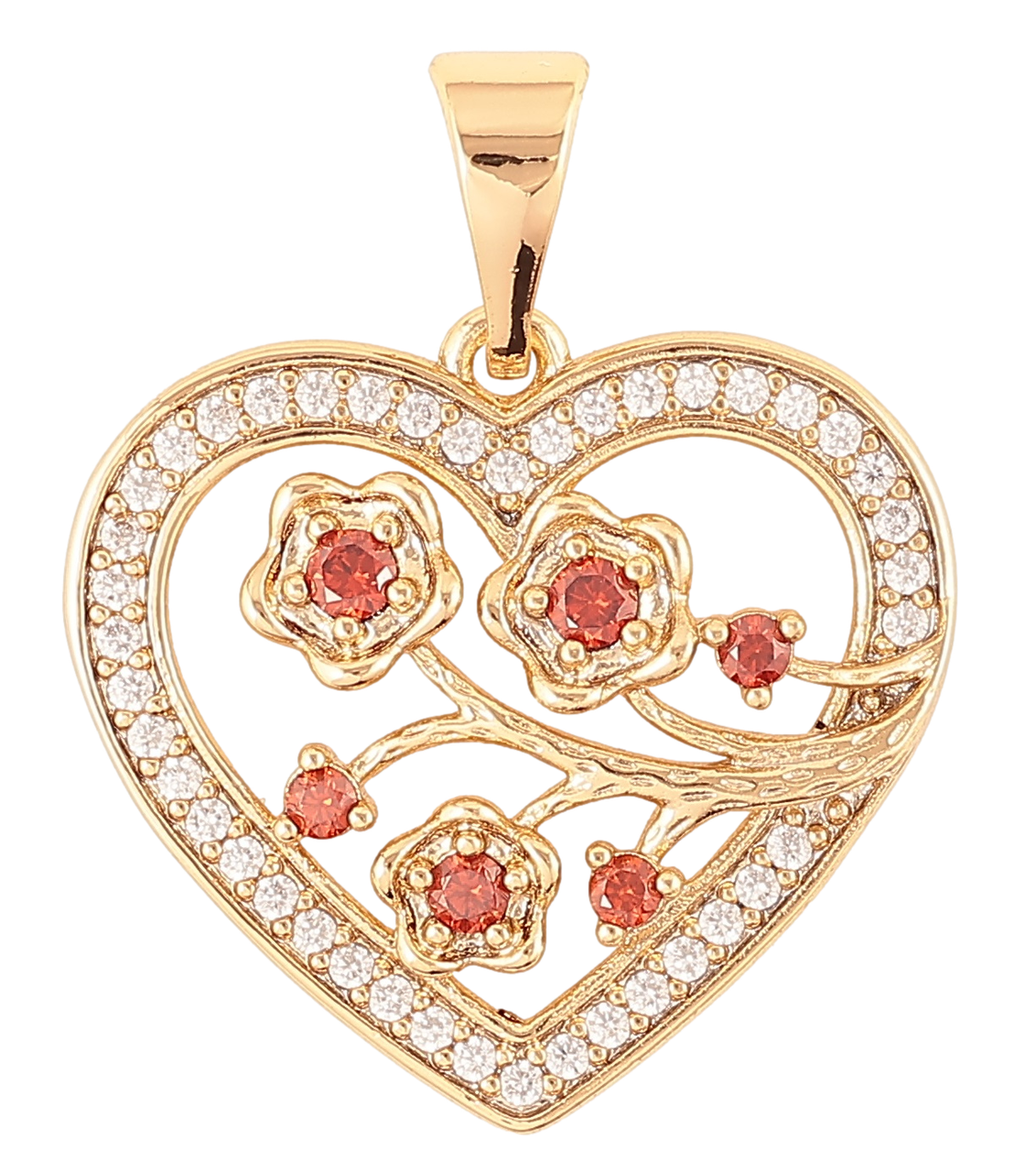 Кулон Xuping Позолота 18K «Сердечко з квітковим візерунком і біло-червоним цирконієм» для ланцюжка до 7мм