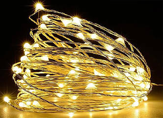 Світлодіодна гірлянда нитка " Роса " 10 м, 100 LED, теплий білий, на батарейках 2 режими світіння WX031