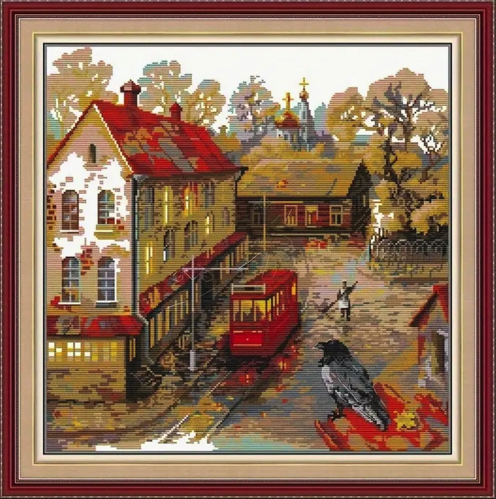 Набір для вишивання за нанесеною на канву схемою "Streetcar platform in the rain".AIDA 11CT printed ,59*59 см, фото 1