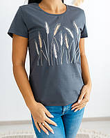 Футболка з вишивкою жіноча Хлібне поле графіт, футболка вишивка,футболка вишиванка,футболка з вишиванкою,футболка вишита