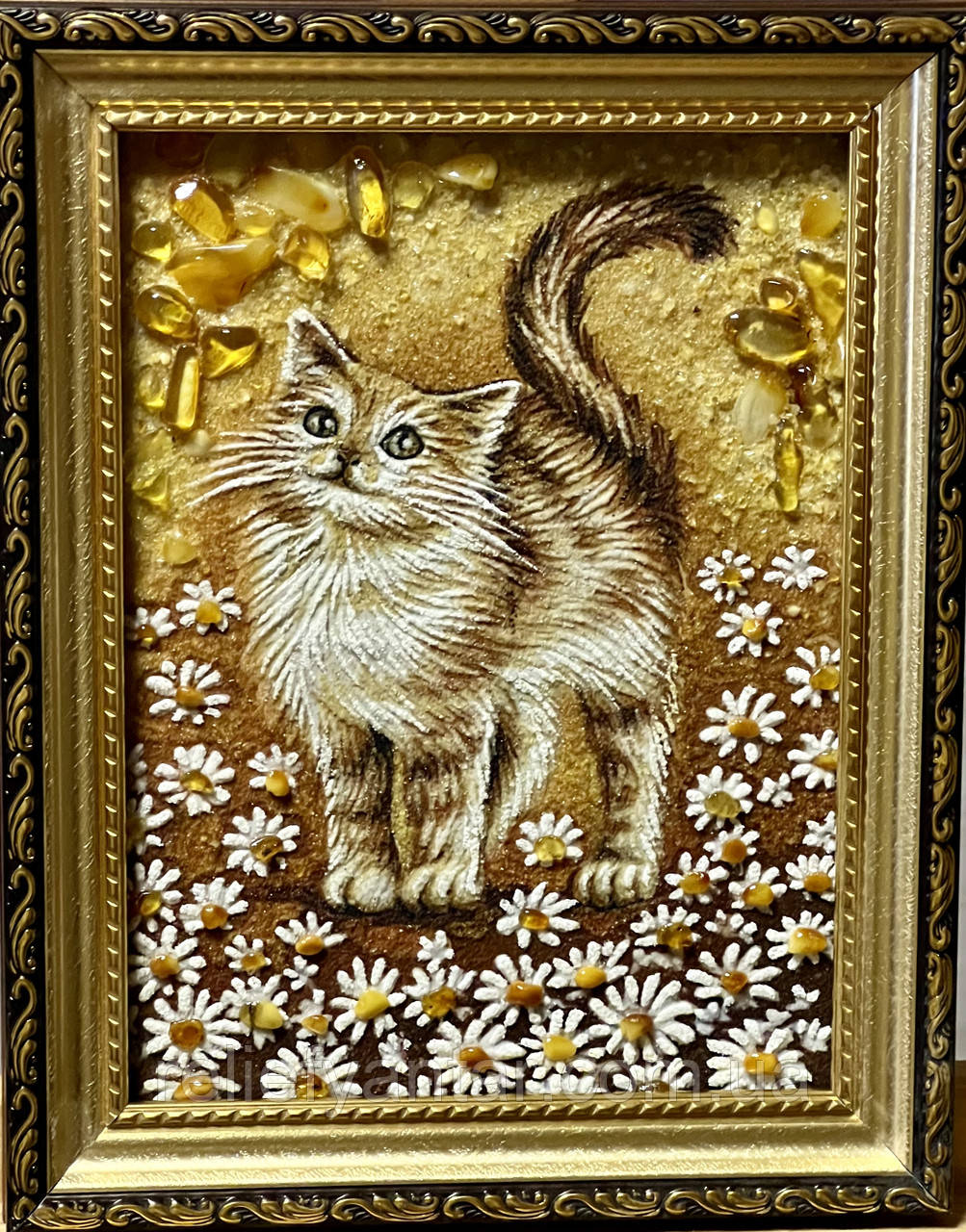 Дитяча картина з бурштину Котик 15*20 см , дитяча картина з бурштину Котик