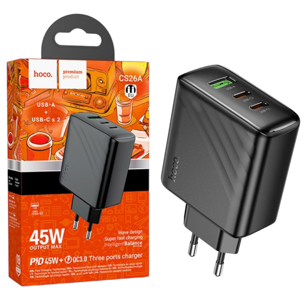 МЗП Hoco CS26A PD45W+QC3.0 (2Type-C/1USB) чорний, зарядний пристрій для телефону