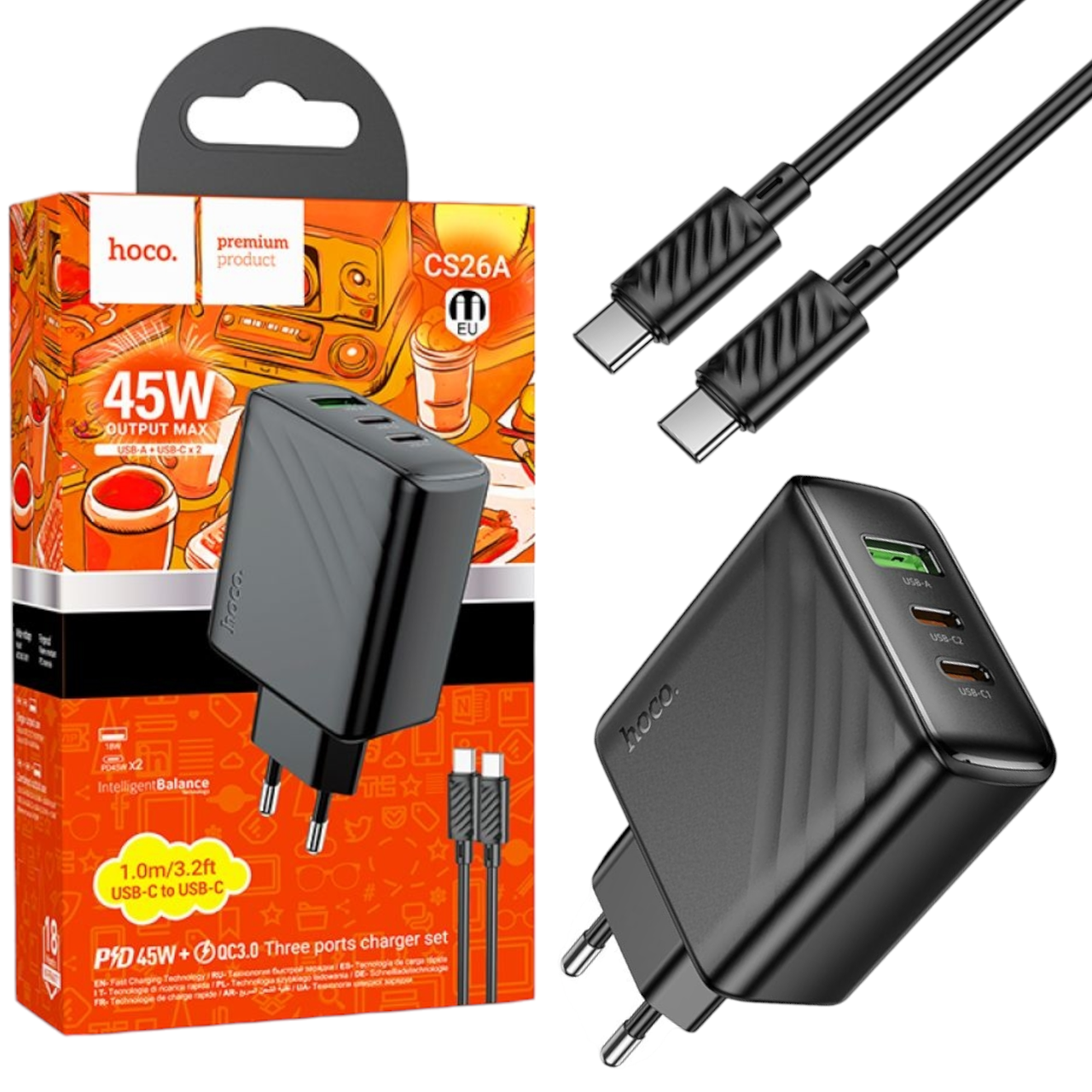МЗП Hoco CS26A PD45W+QC3.0 (2Type-C/1USB) + Type-C/Type-С чорний