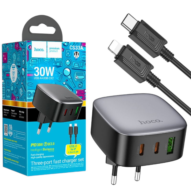 МЗП Hoco CS33A PD30W+QC3.0 (2Type-C/1USB) + Type-C/Lightning чорний, зарядний пристрій для телефону
