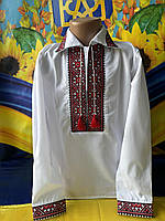 Підліткова вишиванка для хлопчика з коміром на зав'язках розмір 6-12 років, колір білий із червоною вишивкою