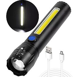 Тактичний ліхтар 2в1 BL-C62, акумуляторний з USB, ZOOM та бічним світлом + Кейс / Потужний ручний ліхтарик