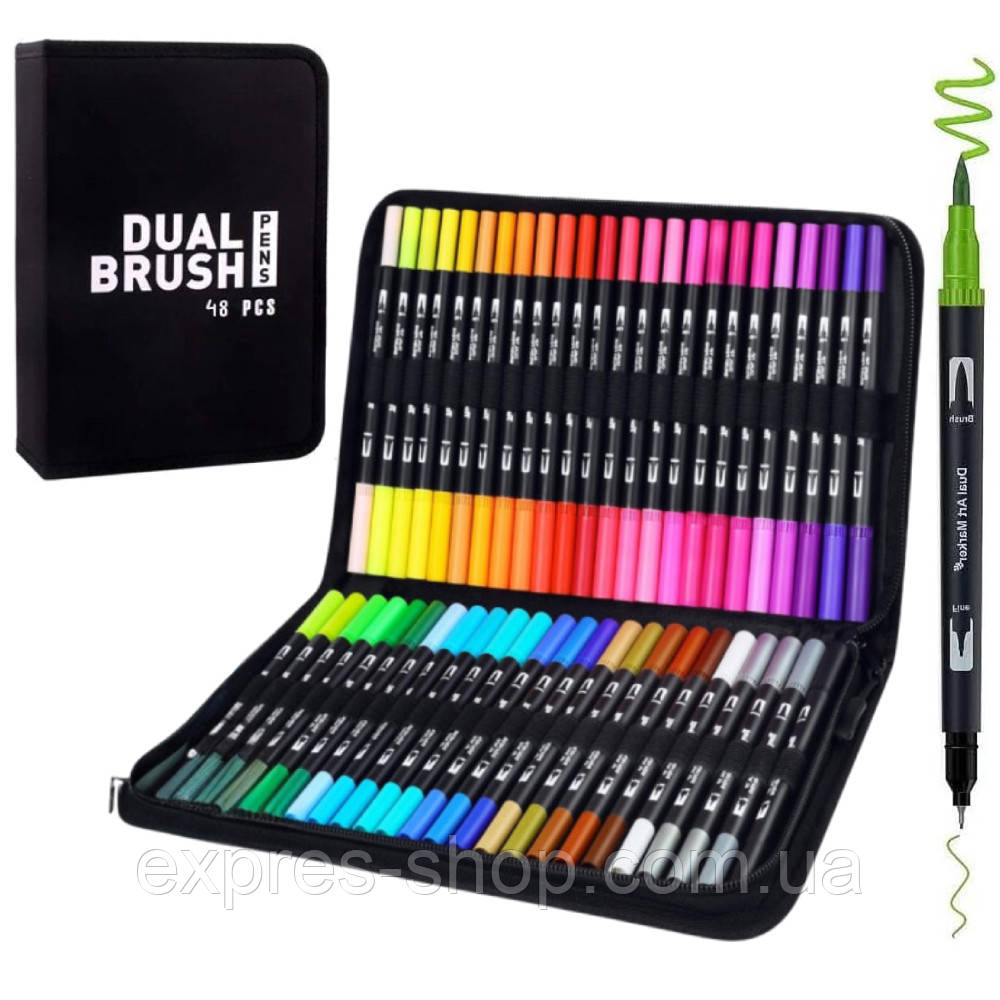 Акварельні маркери двосторонні 48шт із сумкою, Color pencil / Набір маркерів для малювання / Скетч маркери, фото 1