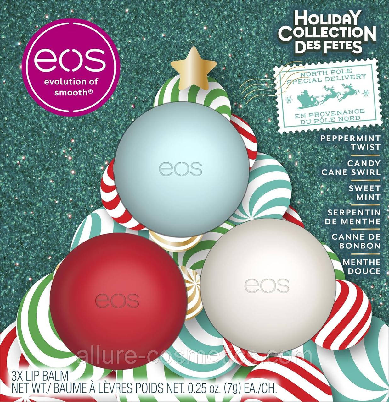 Набір бальзамів для губ 3 шт. EOS Holiday Lip Balm Gift Set- Peppermint Twist, Candy Cane Swirl & Sweet Mint