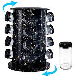 Карусель для спецій + 16 баночок, мармурова, Marble, Чорний / Підставка для спецій і приправ, що обертається
