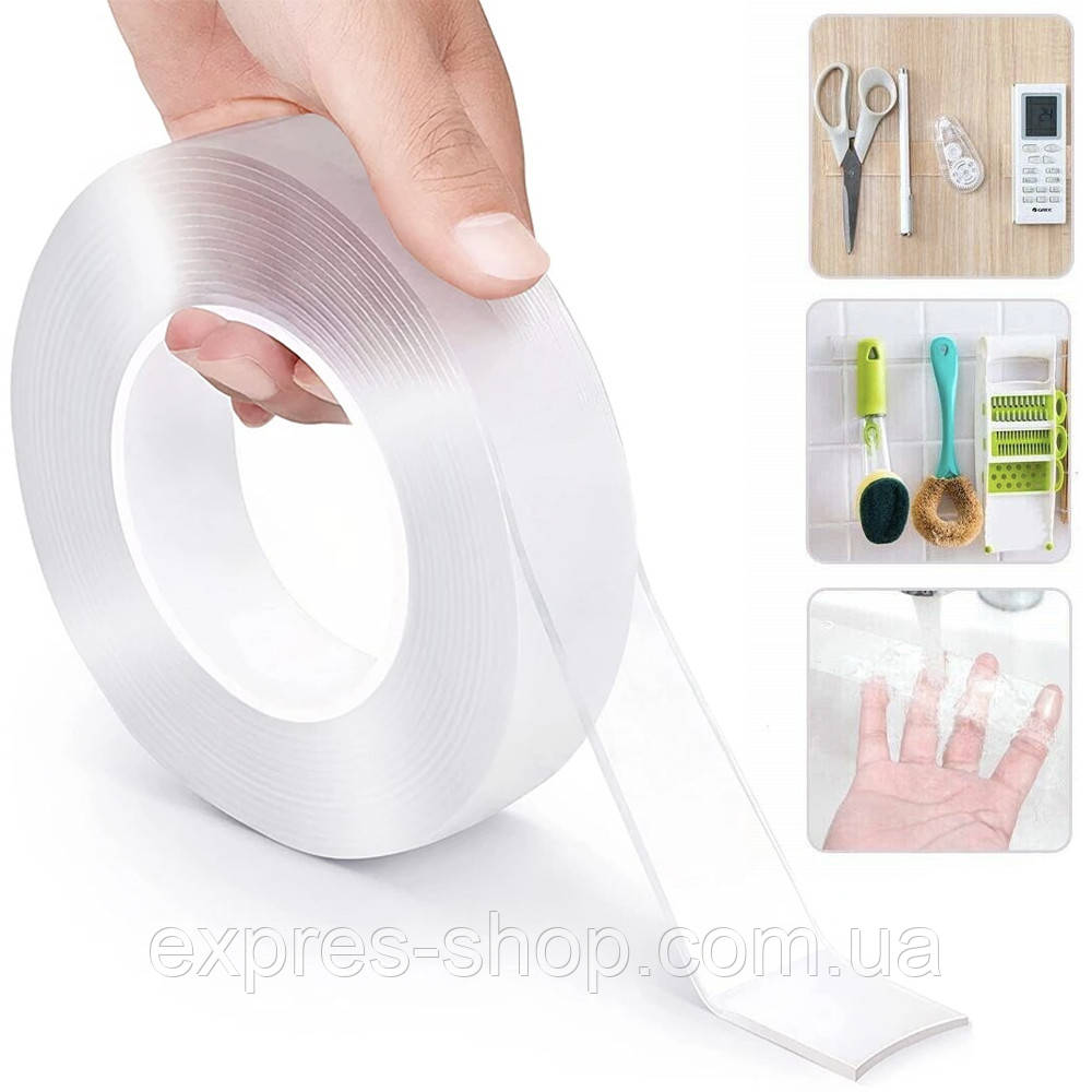 Багаторазова липка стрічка 1 м, Ivy Grip Tape / Прозорий двосторонній нано скотч / Універсальна скотч стрічка, фото 1