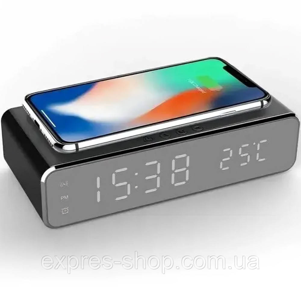 Настільний годинник з бездротовою зарядкою для пристроїв від USB, Чорний / Електронний годинник / Будильник, фото 1
