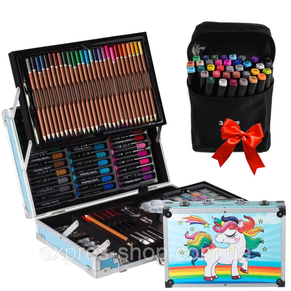 Набір для малювання в кейсі 145 предметів + Подарунок Скетч маркери 36шт / Дитячий набір для творчості, фото 1