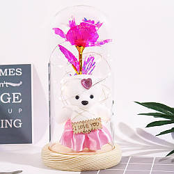 Троянда в колбі з ведмедиком та підсвічуванням 21см, на батарейках / Нічник вічна троянда під куполом / Подарункова троянда