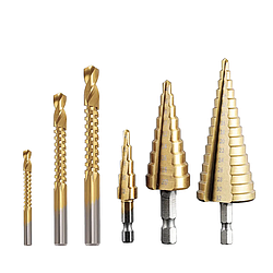 Набір свердлів по металу 6шт фрезерні та ступінчасті в кейсі / Фрезерувальні свердла з титановим покриттям