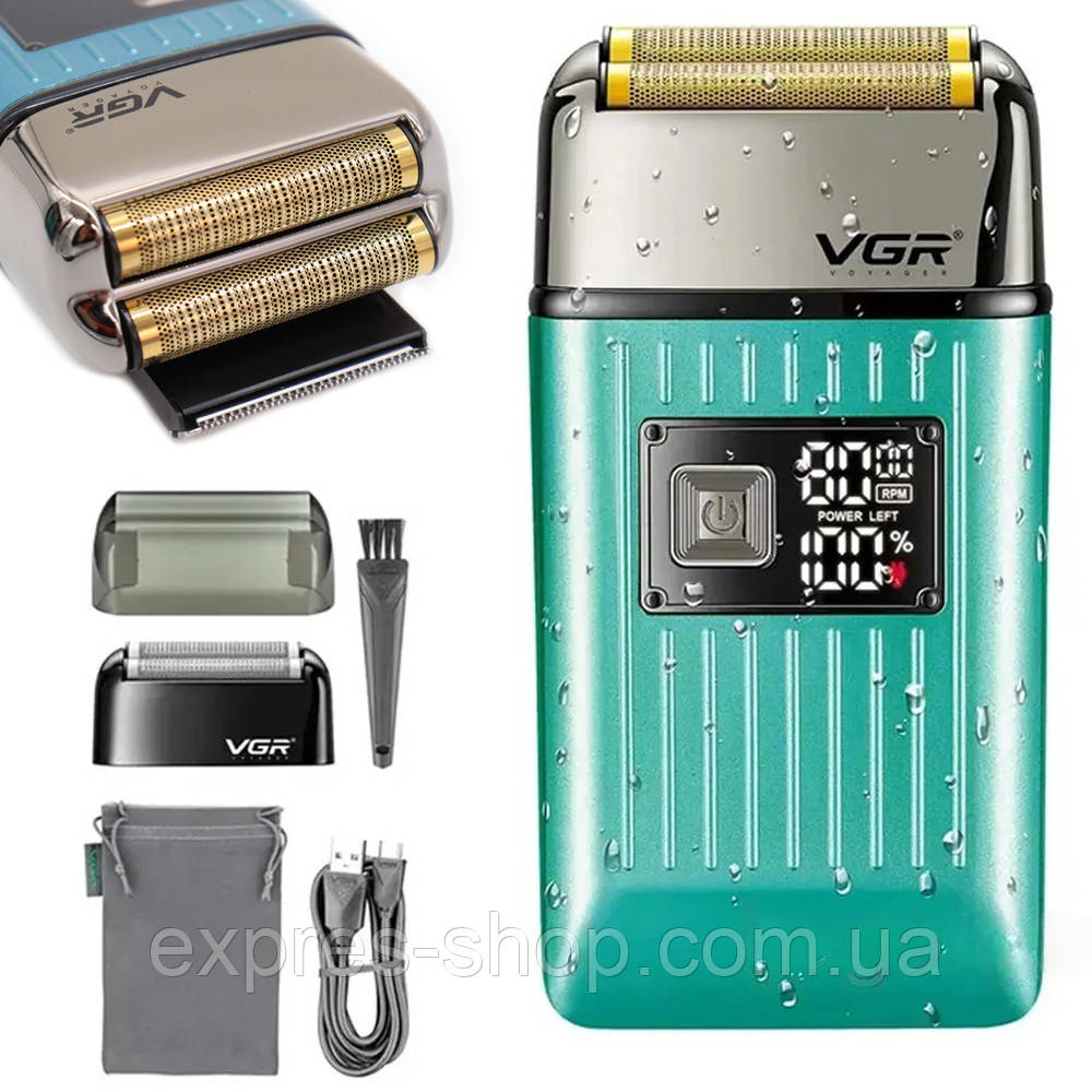 Електробритва шейвер з USB і LED дисплеєм, VGR V-357, Бірюзова / Акумуляторна бритва / Тример для обличчя, фото 1