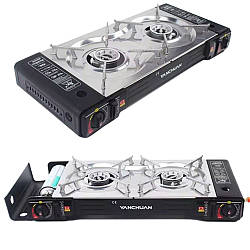 Портативна газова плита на 2 конфорки, 2200Вт / Туристична плита з п'єзорозпалом / Плита газова настільна