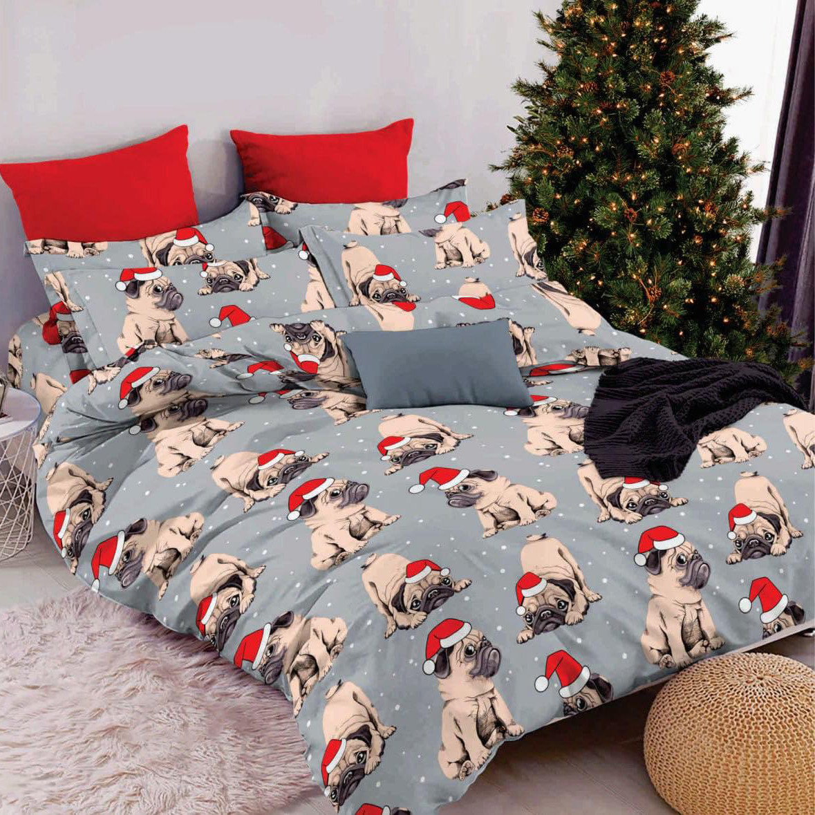 Підковдра на блискавці 145х215 (Бязь) | Полуторна підковдра від виробника "Королева Ночі" | Новорічні мопси на сірому, фото 1