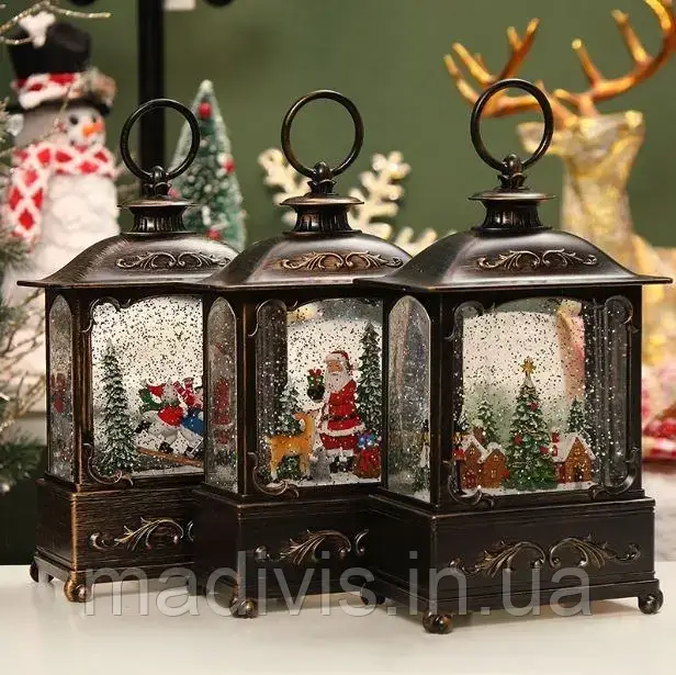 Новорічний музичний ліхтар, різдвяний нічник із підсвіткою і снігом (13 * 7 * 27 см.), фото 1