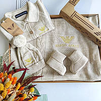 В’язаний набір на виписку, комплект для новонароджених Armani. Бежевий