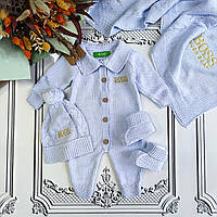 В’язаний набір на виписку, комплект для новонароджених Boss. Блакитний