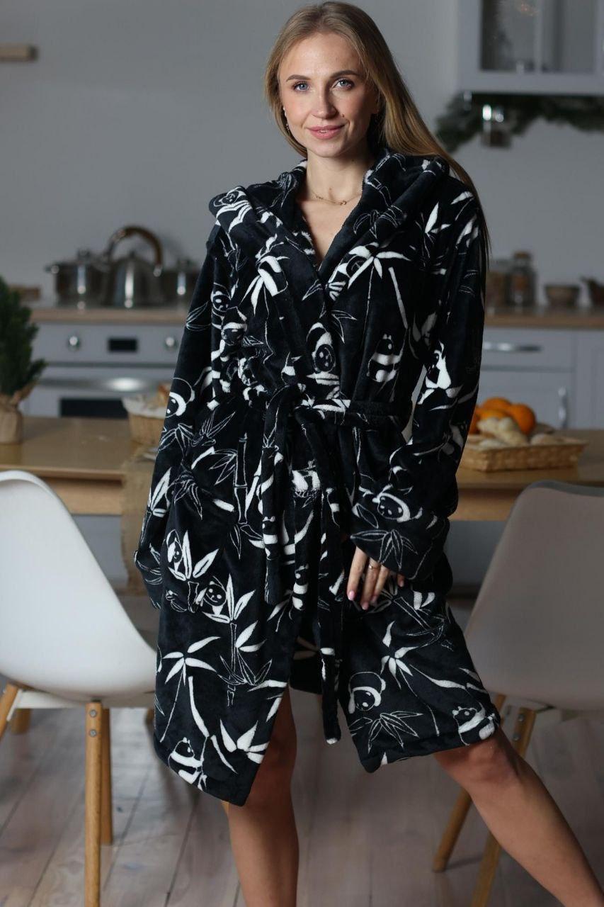 Жіночий теплий плюшевий домашній халат чорного кольору, фото 1