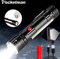 Фонарик ручной яркий T6+COB USB Тактический аккумуляторный с боковым светом и магнитом акб 18650