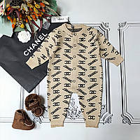 Дитячий бежевий в'язаний чоловічок Шанель, зимовий ромпер для новонароджених